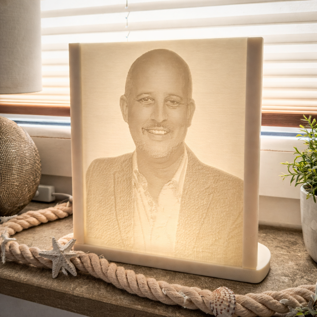 Personalisiertes 3D-Relief Trauerlicht mit beleuchtetem Sonnenlicht-Motiv